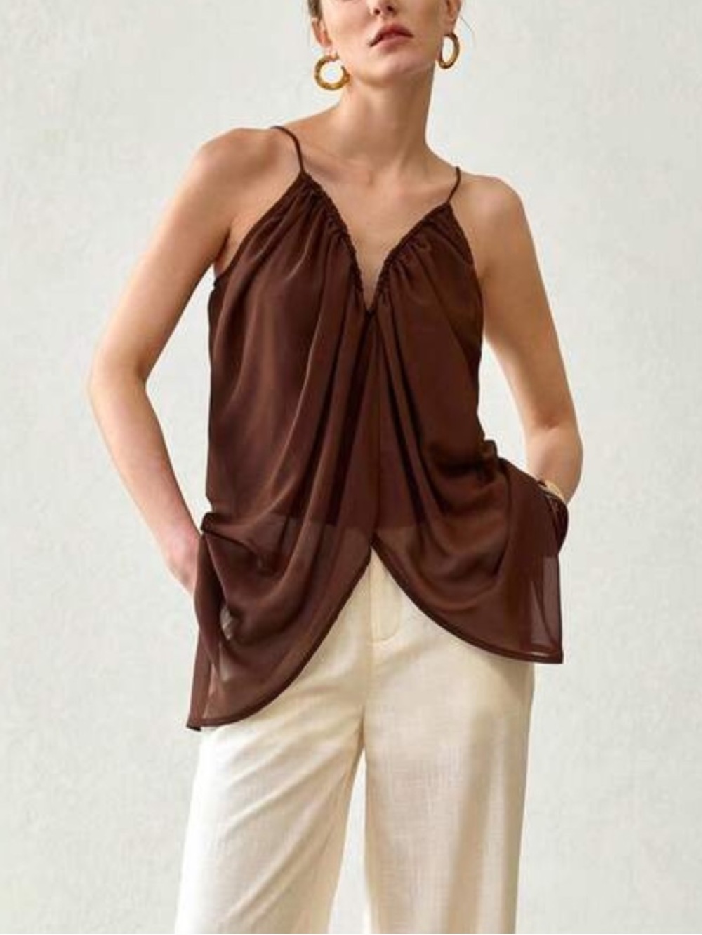 Mesh Brown Draped V-Neck top